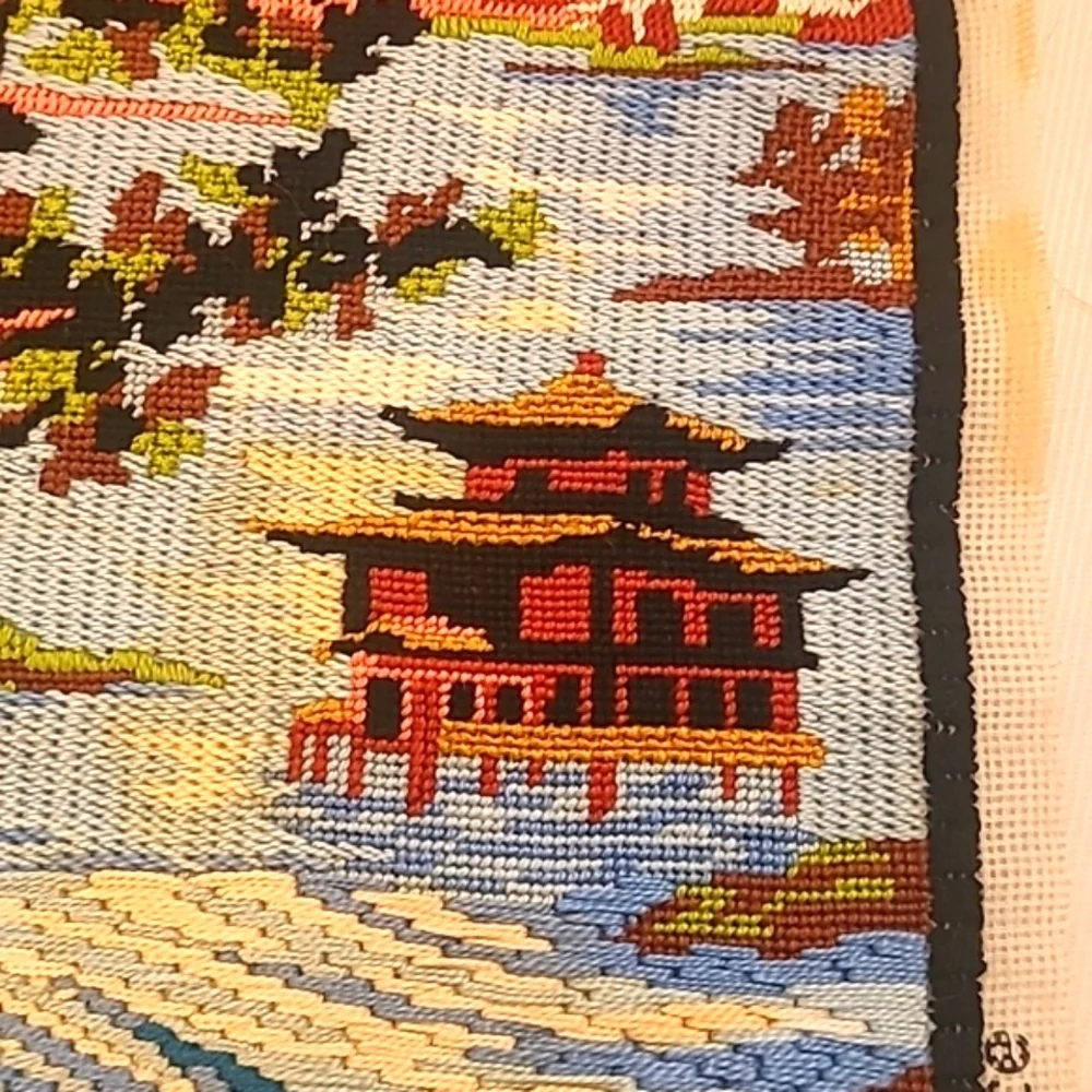 2 French Tapestries Needlepoint Vintage Handmade on Cotton Asian Style Design